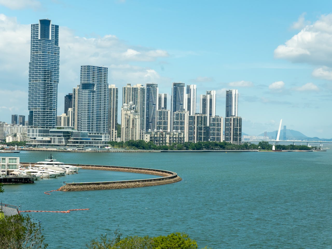 Captivating view of Shenzhen skyline with towering skyscrapers along the waterfront under a bright blue sky.